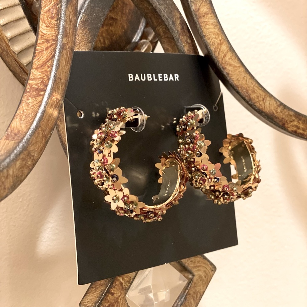 NWT *BAUBLEBAR* Gold 1.5” Hoop Earrings … Embellished w/Flower Sequins & Beads